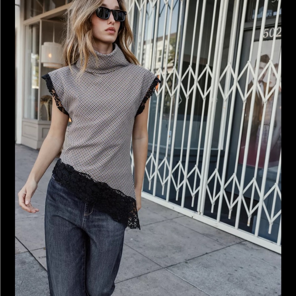 Zara Houndstooth Lace top Asymmetrical